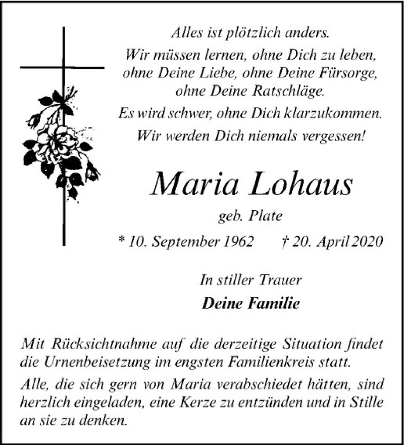  Traueranzeige für Maria Lohaus vom 22.04.2020 aus Westfälische Nachrichten