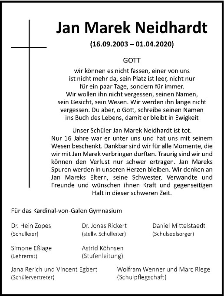  Traueranzeige für Jan Marek Neidhardt vom 04.04.2020 aus Westfälische Nachrichten