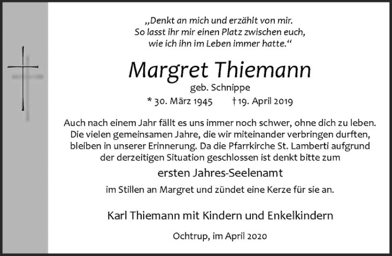  Traueranzeige für Margret Thiemann vom 18.04.2020 aus Westfälische Nachrichten