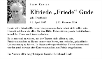 Anzeige von Elfriede Gude von Westfälische Nachrichten