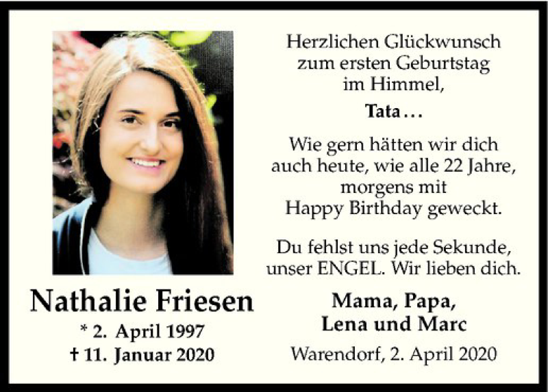  Traueranzeige für Nathalie Friesen vom 02.04.2020 aus Westfälische Nachrichten