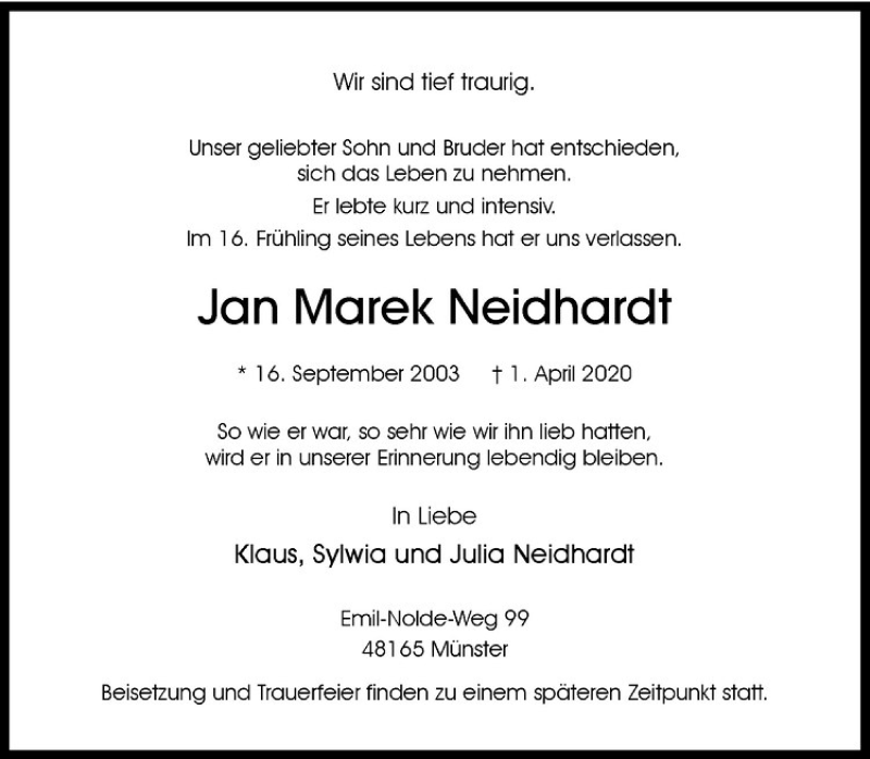  Traueranzeige für Jan Marek Neidhardt vom 04.04.2020 aus Westfälische Nachrichten