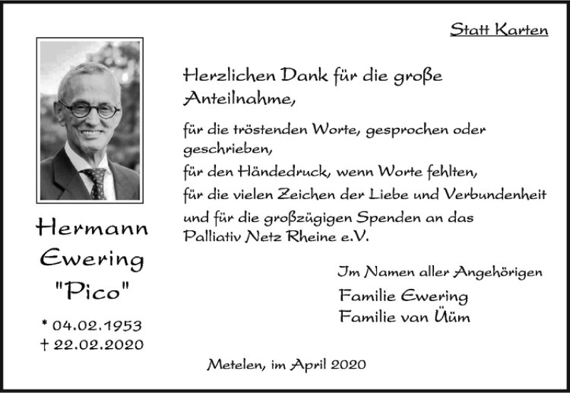  Traueranzeige für Hermann Ewering vom 03.04.2020 aus Westfälische Nachrichten