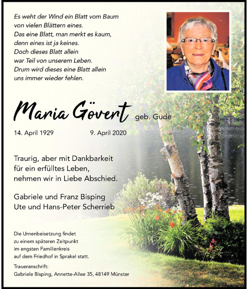 Traueranzeige für Maria Gövert vom 18.04.2020 aus Westfälische Nachrichten