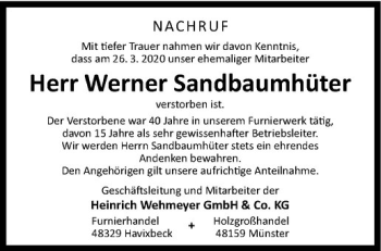 Anzeige von Werner Sandbaumhüter von Westfälische Nachrichten