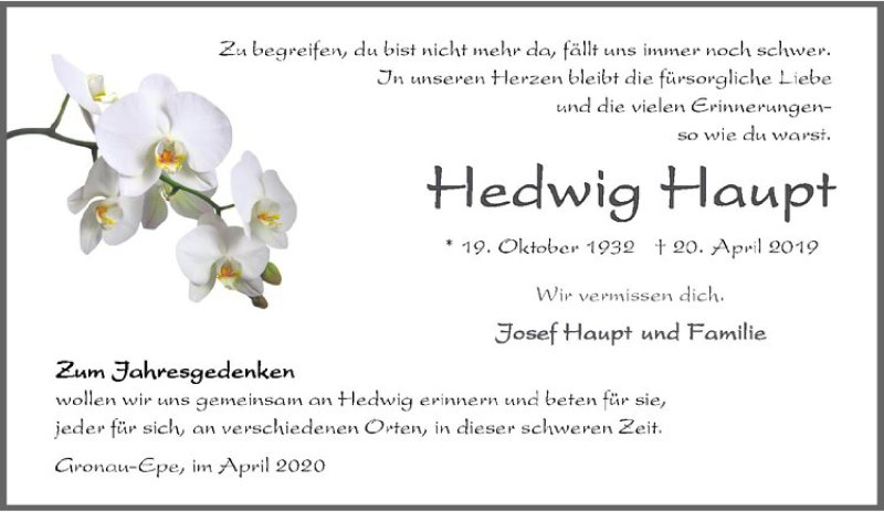  Traueranzeige für Hedwig Haupt vom 18.04.2020 aus Westfälische Nachrichten