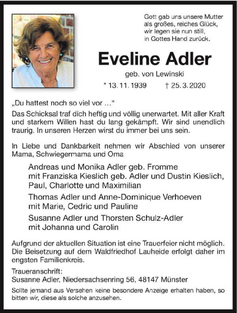  Traueranzeige für Eveline Adler vom 04.04.2020 aus Westfälische Nachrichten