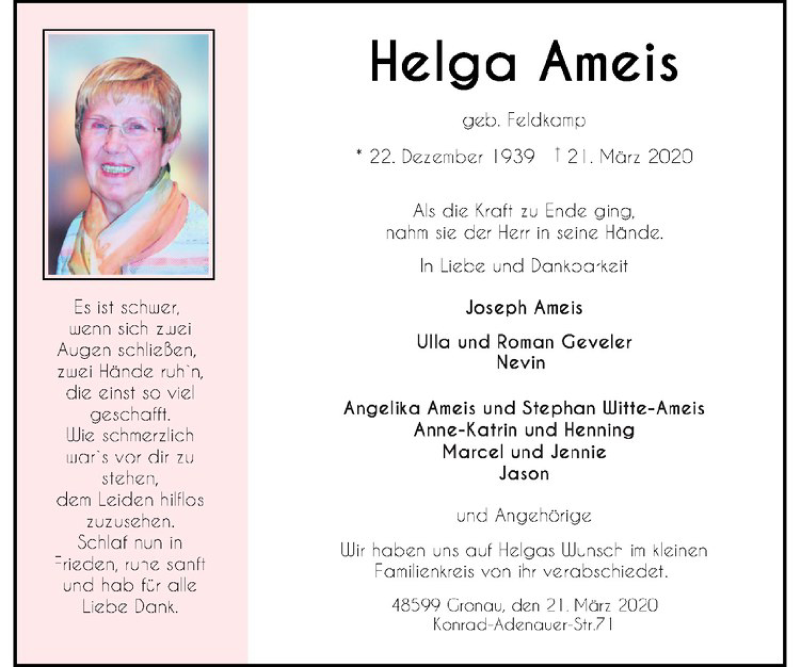  Traueranzeige für Helga Ameis vom 04.04.2020 aus Westfälische Nachrichten