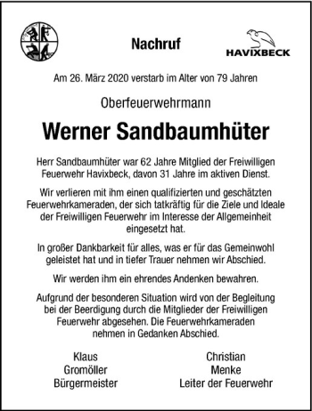 Anzeige von Werner Sandbaumhüter von Westfälische Nachrichten