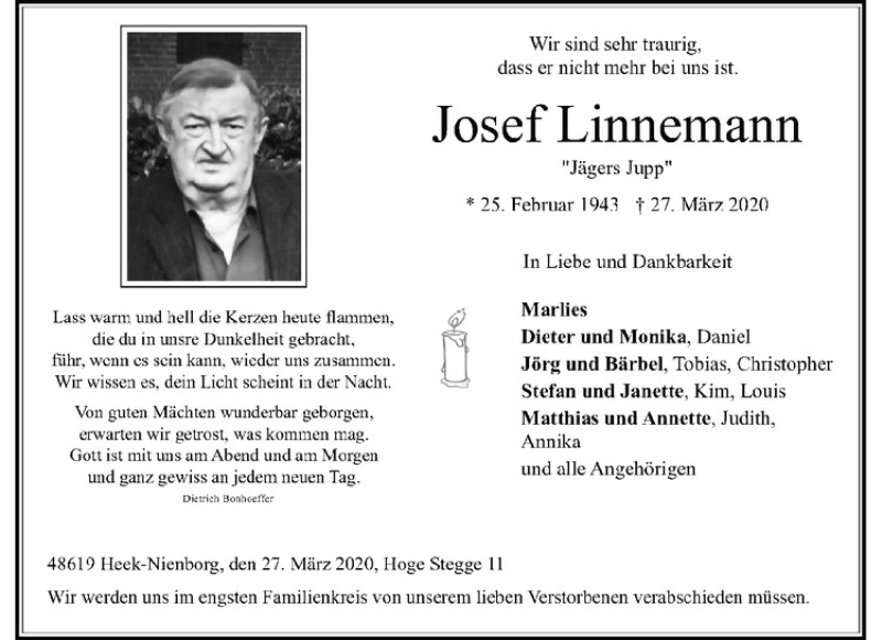  Traueranzeige für Josef Linnemann vom 01.04.2020 aus Westfälische Nachrichten