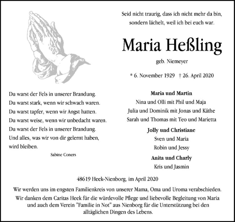  Traueranzeige für Maria Heßling vom 29.04.2020 aus Westfälische Nachrichten