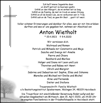 Anzeige von Anton Wietholt von Westfälische Nachrichten
