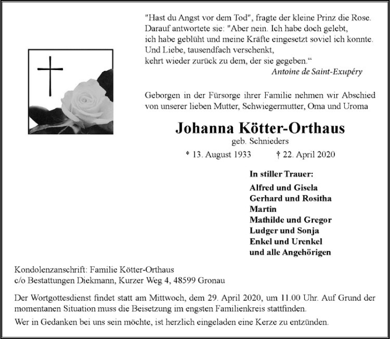  Traueranzeige für Johanna Kötter-Orthaus vom 25.04.2020 aus Westfälische Nachrichten