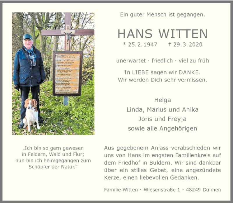  Traueranzeige für Hans Witten vom 01.04.2020 aus Westfälische Nachrichten