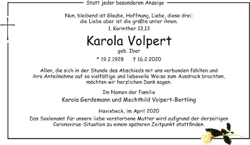  Traueranzeige für Karola Volpert vom 10.04.2020 aus Westfälische Nachrichten