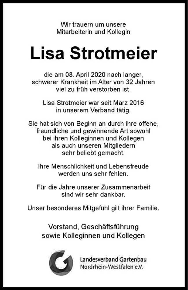  Traueranzeige für Lisa Strotmeier vom 18.04.2020 aus Westfälische Nachrichten