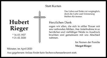 Anzeige von Hubert Rieger von Westfälische Nachrichten