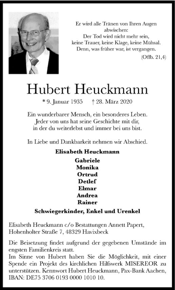  Traueranzeige für Hubert Heuckmann vom 01.04.2020 aus Westfälische Nachrichten