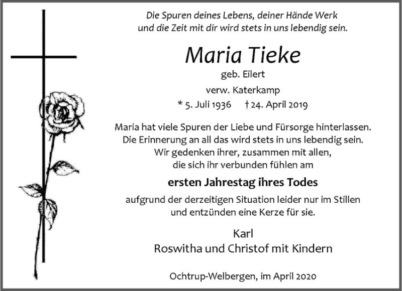  Traueranzeige für Maria Tieke vom 24.04.2020 aus Westfälische Nachrichten
