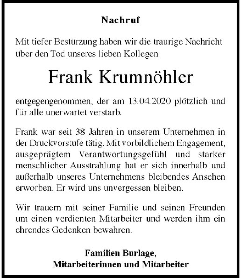  Traueranzeige für Frank Krumnöhler vom 25.04.2020 aus Westfälische Nachrichten