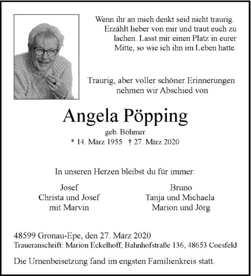  Traueranzeige für Angela Pöpping vom 07.04.2020 aus Westfälische Nachrichten