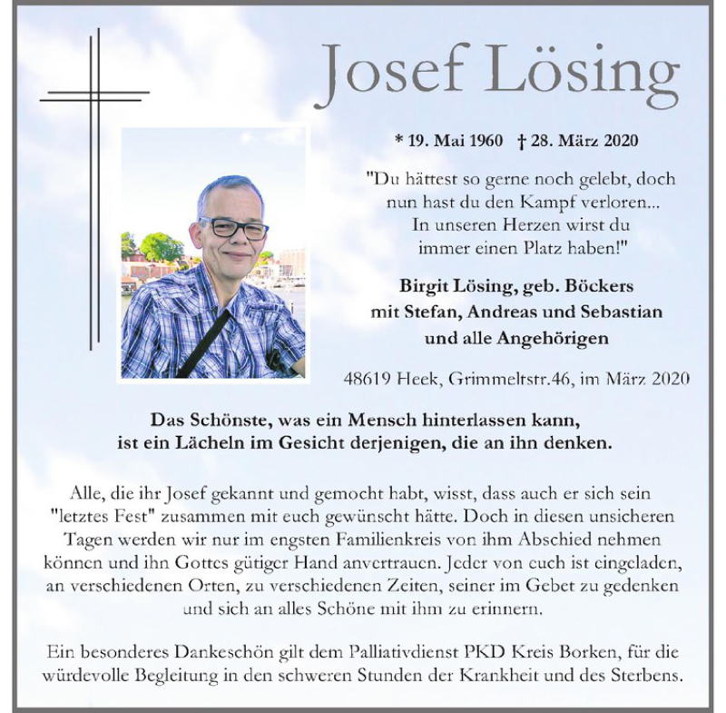  Traueranzeige für Josef Lösing vom 01.04.2020 aus Westfälische Nachrichten