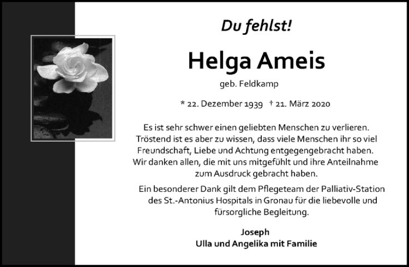  Traueranzeige für Helga Ameis vom 21.04.2020 aus Westfälische Nachrichten