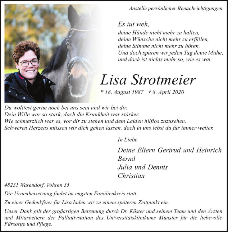  Traueranzeige für Lisa Strotmeier vom 15.04.2020 aus Westfälische Nachrichten