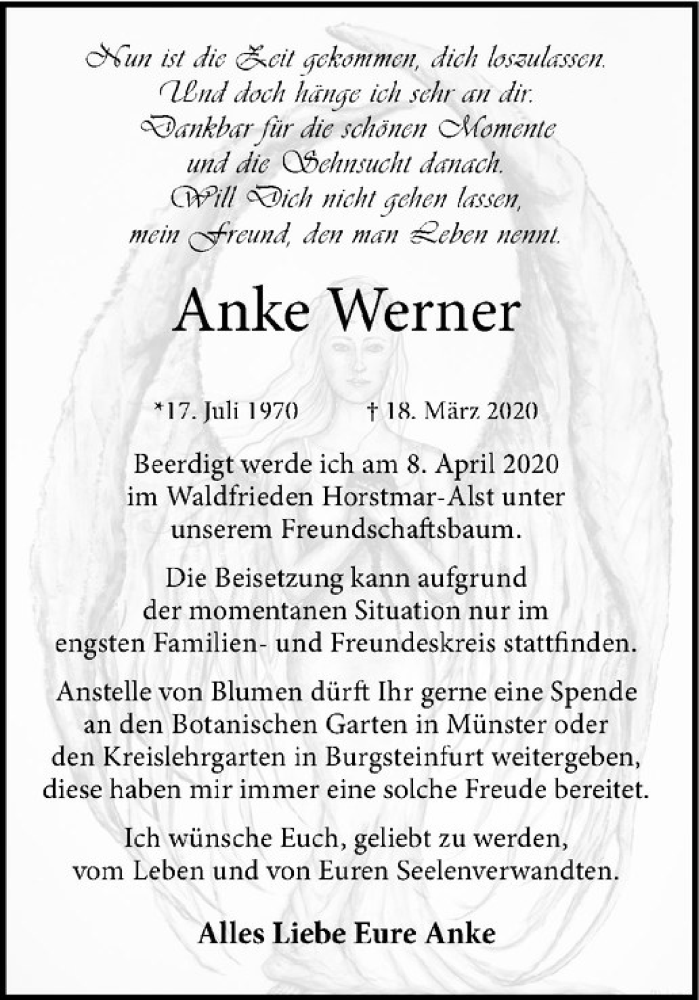  Traueranzeige für Anke Werner vom 28.03.2020 aus Westfälische Nachrichten