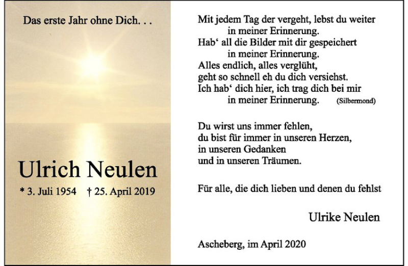  Traueranzeige für Ulrich Neulen vom 25.04.2020 aus Westfälische Nachrichten
