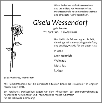 Anzeige von Gisela Wessendorf von Westfälische Nachrichten
