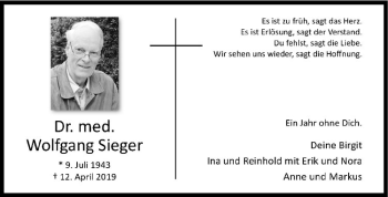 Anzeige von Wolfgang Sieger von Westfälische Nachrichten