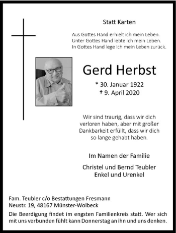 Anzeige von Gerd Herbst von Westfälische Nachrichten