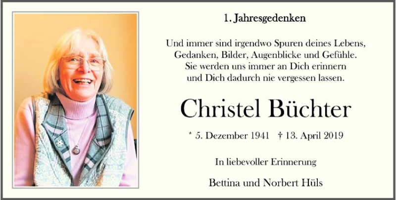  Traueranzeige für Christel Büchter vom 10.04.2020 aus Westfälische Nachrichten