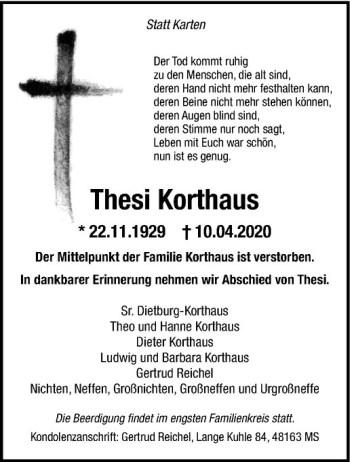 Anzeige von Thesi Korthaus von Westfälische Nachrichten