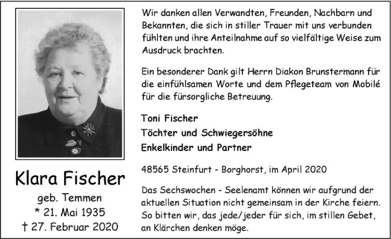  Traueranzeige für Klara Fischer vom 04.04.2020 aus Westfälische Nachrichten