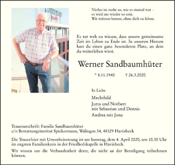 Anzeige von Werner Sandbaumhüter von Westfälische Nachrichten