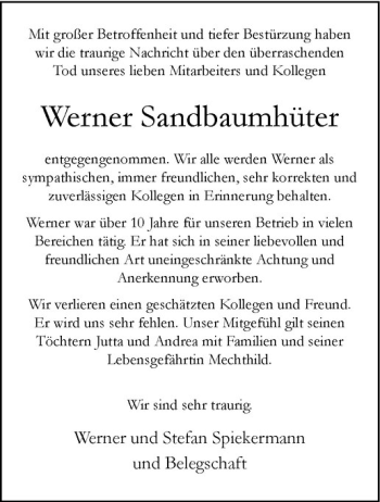 Anzeige von Werner Sandbaumhüter von Westfälische Nachrichten