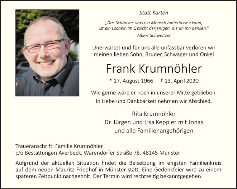  Traueranzeige für Frank Krumnöhler vom 18.04.2020 aus Westfälische Nachrichten