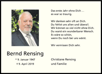 Anzeige von Bernd Rensing von Westfälische Nachrichten