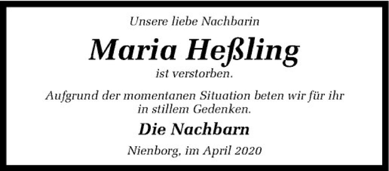  Traueranzeige für Maria Heßling vom 30.04.2020 aus Westfälische Nachrichten
