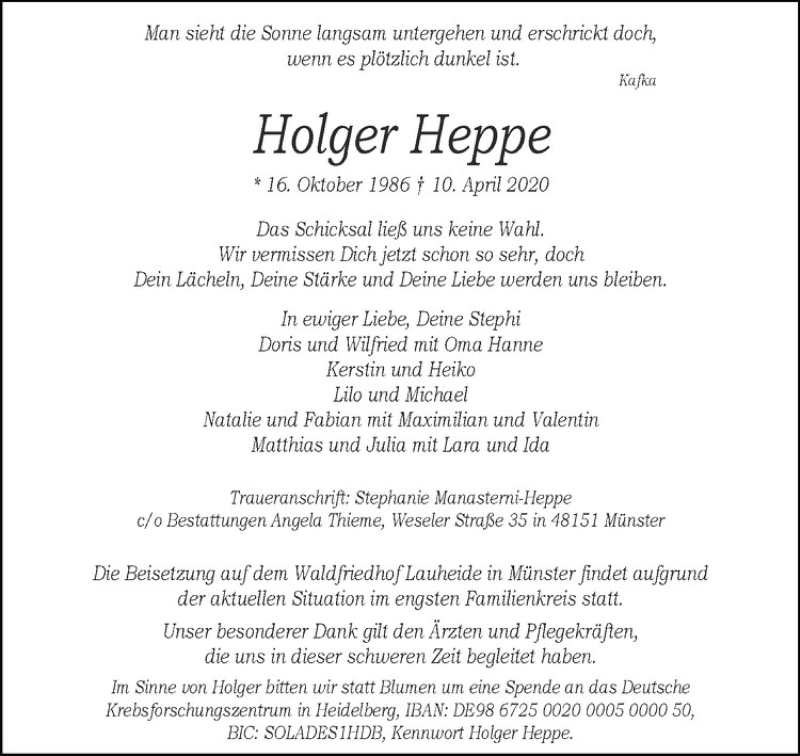  Traueranzeige für Holger Heppe vom 15.04.2020 aus Westfälische Nachrichten
