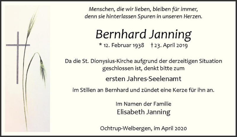  Traueranzeige für Bernhard Janning vom 18.04.2020 aus Westfälische Nachrichten