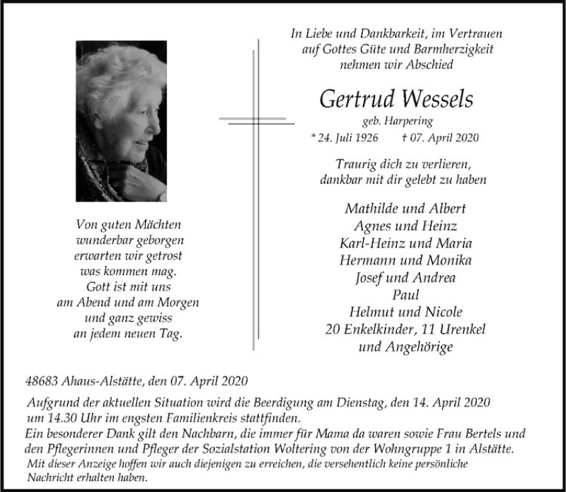  Traueranzeige für Gertrud Wessels vom 10.04.2020 aus Westfälische Nachrichten
