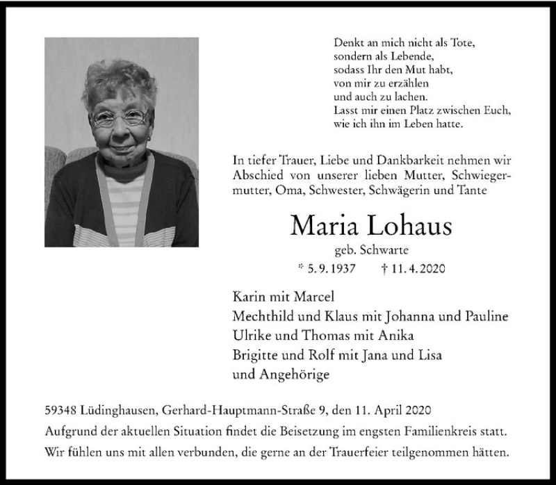  Traueranzeige für Maria Lohaus vom 16.04.2020 aus Westfälische Nachrichten