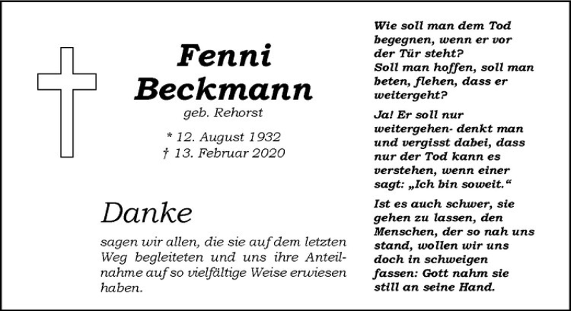  Traueranzeige für Fenni Beckmann vom 18.04.2020 aus Westfälische Nachrichten