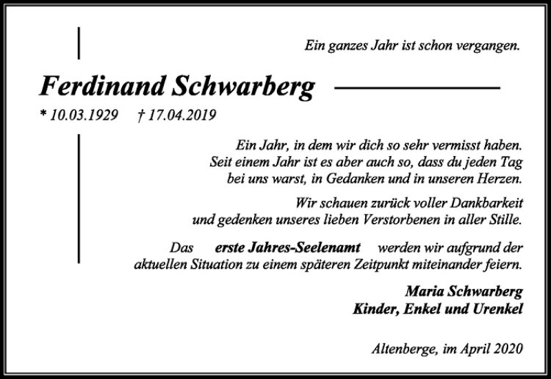  Traueranzeige für Ferdinand Schwarberg vom 18.04.2020 aus Westfälische Nachrichten