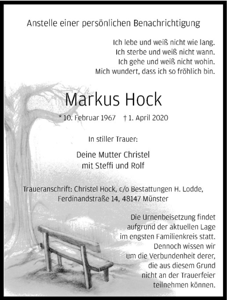  Traueranzeige für Markus Hock vom 04.04.2020 aus Westfälische Nachrichten