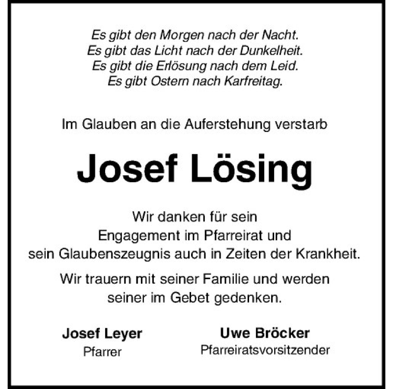  Traueranzeige für Josef Lösing vom 02.04.2020 aus Westfälische Nachrichten