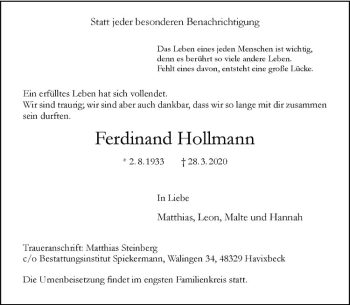 Anzeige von Ferdinand Hollmann von Westfälische Nachrichten
